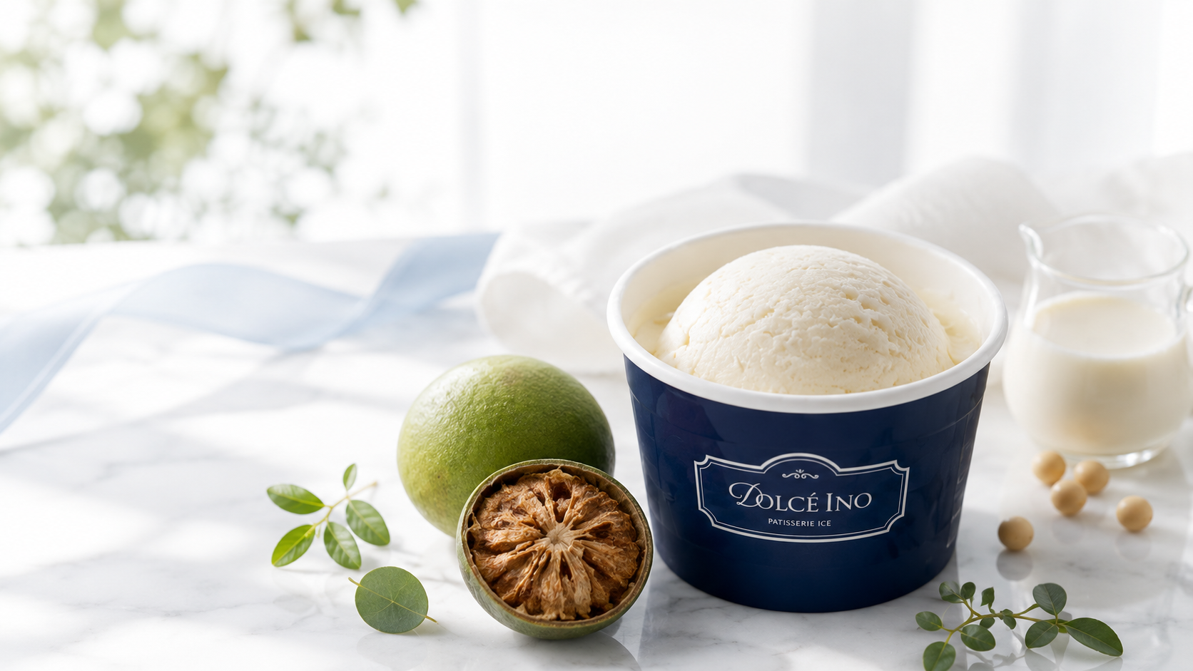 Dolce Inoのカップアイスと羅漢果、豆乳を添えた素材訴求写真